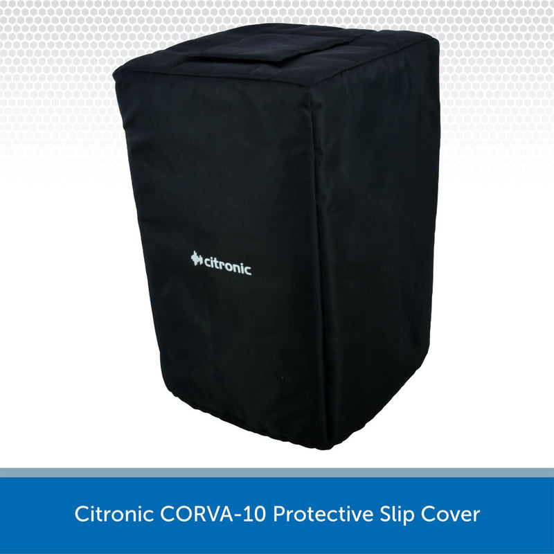 A black protective slip cover for a Citronic CORVA-10 device, shown on a white background with a blue text banner at the bottom.