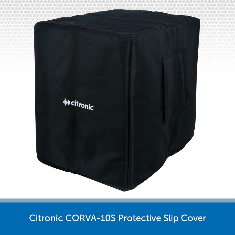 A black protective slip cover for a Citronic device, shown on a white background with a blue banner at the bottom reading 'Citronic CORVA-10S Protective Slip Cover'.