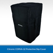 A black protective slip cover for a Citronic CORVA-12 speaker, shown on a white background with a blue text banner at the bottom.