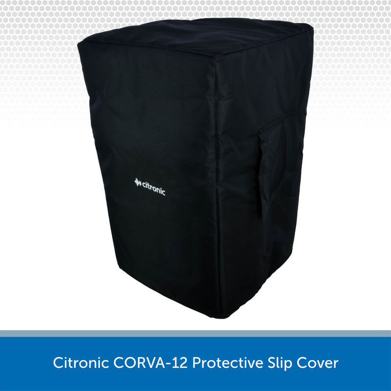 A black protective slip cover for a Citronic CORVA-12 speaker, shown on a white background with a blue text banner at the bottom.
