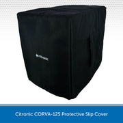 A black protective slip cover for a Citronic electronic equipment cabinet, shown on a white background with a blue text banner at the bottom.