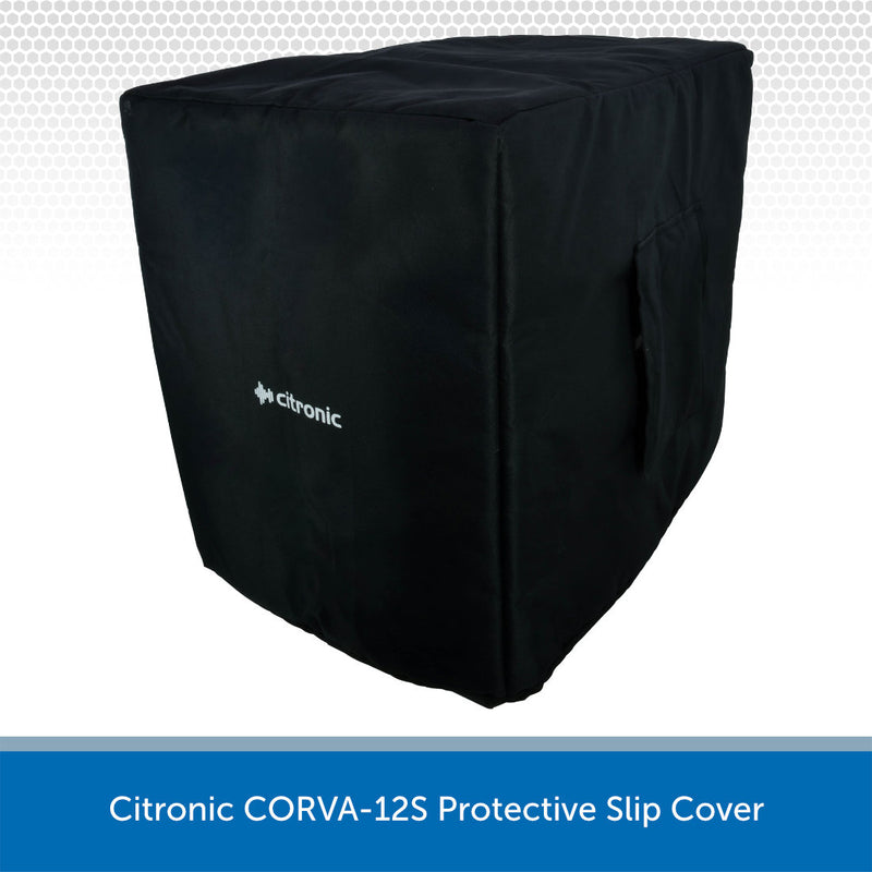 A black protective slip cover for a Citronic electronic equipment cabinet, shown on a white background with a blue text banner at the bottom.