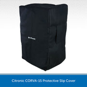 A black protective slip cover for a Citronic CORVA-15 speaker, shown on a white background with a blue text banner at the bottom.
