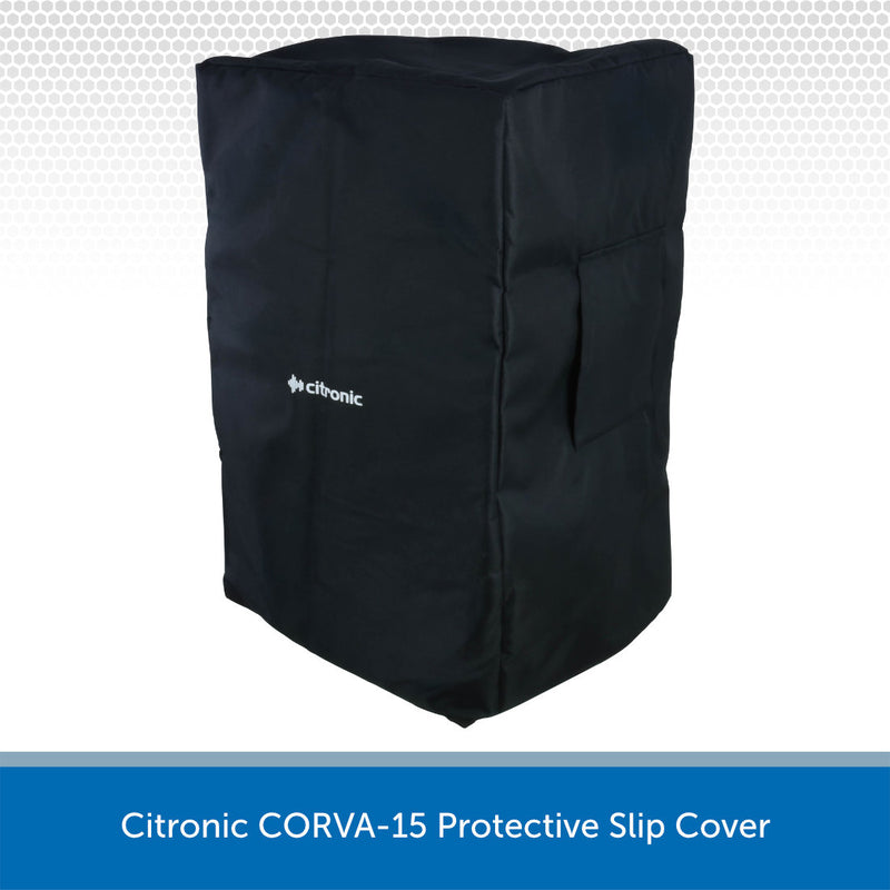 A black protective slip cover for a Citronic CORVA-15 speaker, shown on a white background with a blue text banner at the bottom.