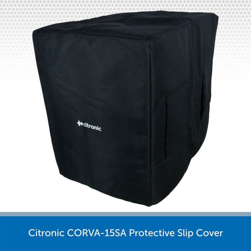 A black protective slip cover for a Citronic speaker, shown on a white background with a blue text banner at the bottom reading 'Citronic CORVA-15SA Protective Slip Cover'.