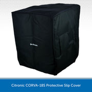 A black protective slip cover for a Citronic device, shown on a white background with a blue text banner at the bottom reading 'Citronic CORVA-18S Protective Slip Cover'.