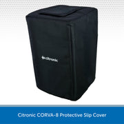 A black Citronic CORVA-8 protective slip cover for a speaker, shown on a white background with a blue text banner at the bottom.