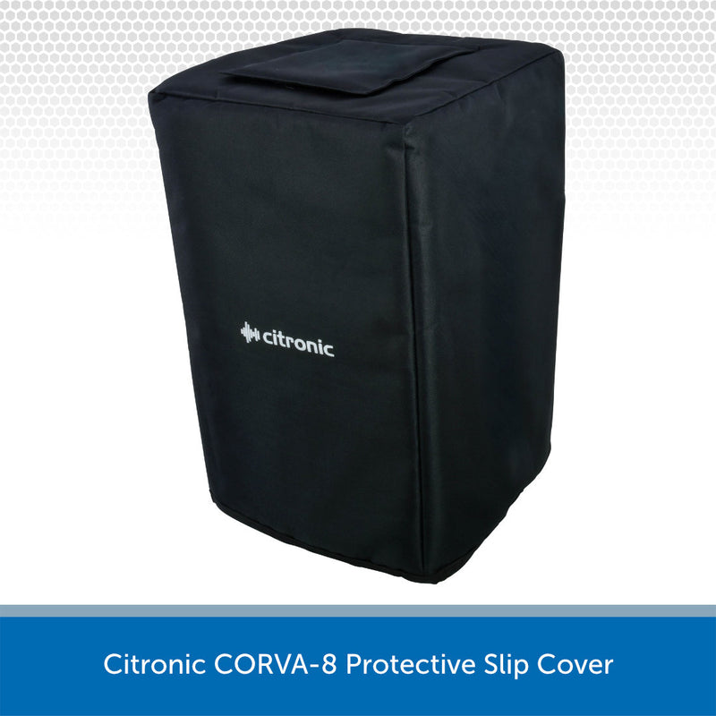A black Citronic CORVA-8 protective slip cover for a speaker, shown on a white background with a blue text banner at the bottom.