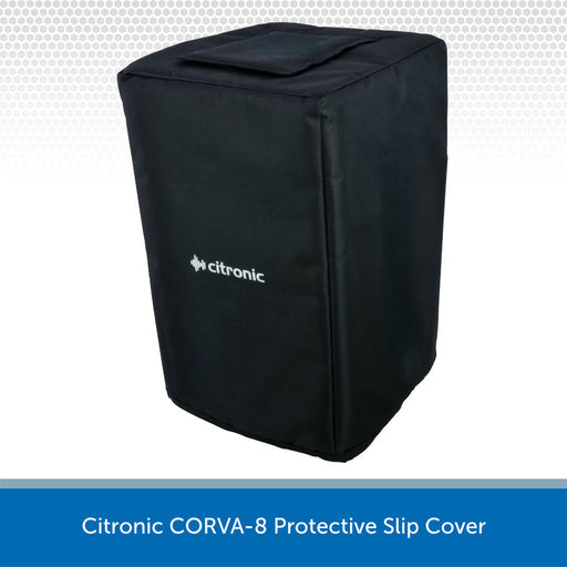 A black Citronic CORVA-8 protective slip cover for a speaker, shown on a white background with a blue text banner at the bottom.
