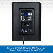 Citronic CORVA-10SA 10" 450Wrms High Power Active Subwoofer with DSP on a white background