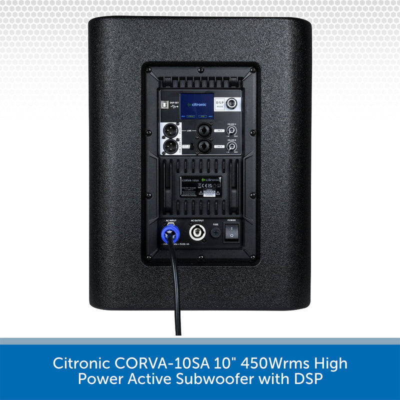 Citronic CORVA-10SA 10" 450Wrms High Power Active Subwoofer with DSP on a white background