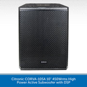 Citronic CORVA-10SA 10" 450Wrms High Power Active Subwoofer with DSP on a white background