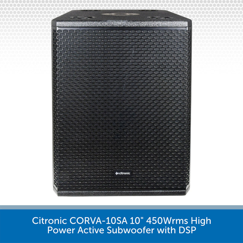 Citronic CORVA-10SA 10" 450Wrms High Power Active Subwoofer with DSP on a white background