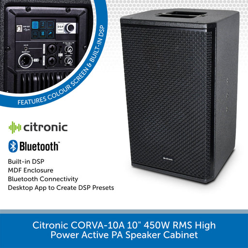 Citronic CORVA-10A 10" 450W RMS high power active PA speaker cabinet with Bluetooth connectivity on a white background.