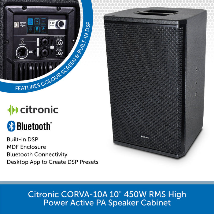 Citronic CORVA-10A 10" 450W RMS high power active PA speaker cabinet with Bluetooth connectivity on a white background.