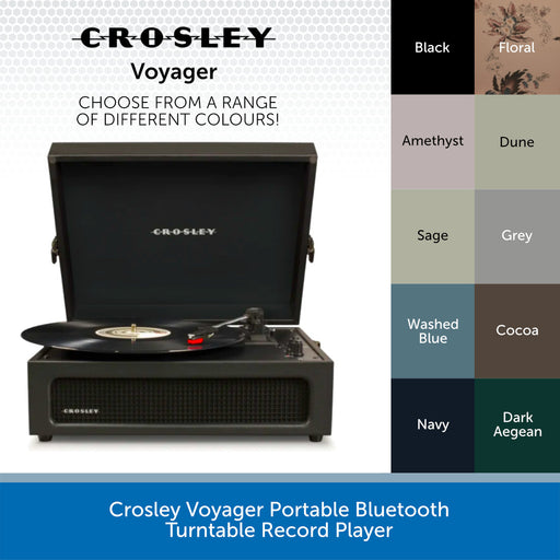 Crosley Voyager portable Bluetooth turntable record player shown open with a vinyl record on the turntable, alongside a color selection chart listing Black, Floral, Amethyst, Dune, Sage, Grey, Washed Blue, Cocoa, Navy, and Dark Aegean.