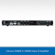 Front view of a Citronic D1800 2 x 900W Class-D Amplifier, shown in black with various input and output jacks and labels on a white background with a blue text banner at the bottom.