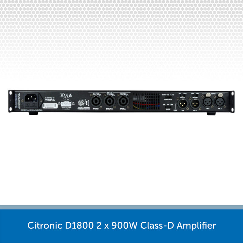 Front view of a Citronic D1800 2 x 900W Class-D Amplifier, shown in black with various input and output jacks and labels on a white background with a blue text banner at the bottom.