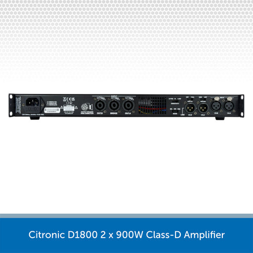 Front view of a Citronic D1800 2 x 900W Class-D Amplifier, shown in black with various input and output jacks and labels on a white background with a blue text banner at the bottom.