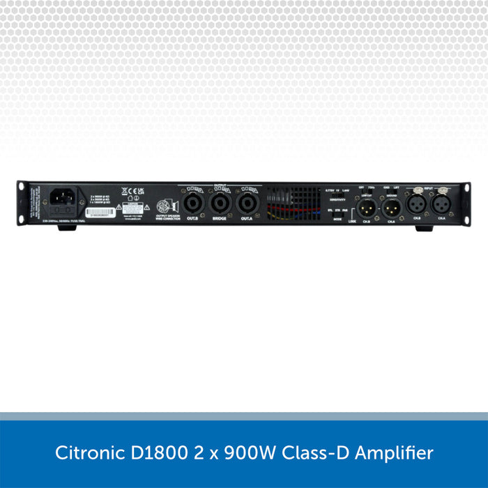 Front view of a Citronic D1800 2 x 900W Class-D Amplifier, shown in black with various input and output jacks and labels on a white background with a blue text banner at the bottom.