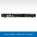 Front view of a Citronic D1800 2 x 900W Class-D Amplifier, shown in black with various input and output jacks and labels on a white background with a blue text banner at the bottom.