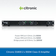 Citronic D1800 2 x 900W Class-D Amplifier shown on a white background with technical specifications printed below and a blue banner at the bottom.
