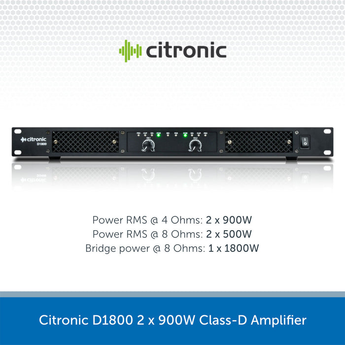 Citronic D1800 2 x 900W Class-D Amplifier shown on a white background with technical specifications printed below and a blue banner at the bottom.