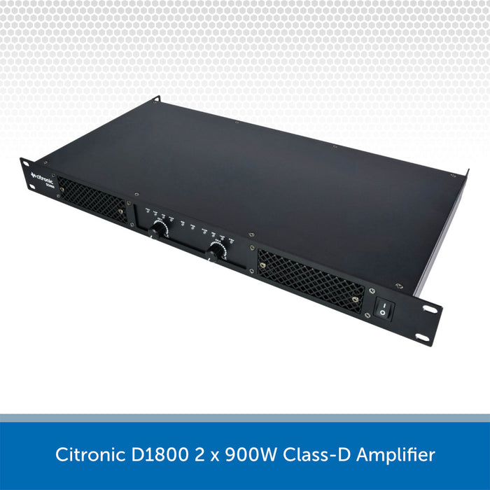 A Citronic D1800 2 x 900W Class-D Amplifier in a black metal rack case, shown at an angle on a white background with a gray patterned header and a blue text banner at the bottom.