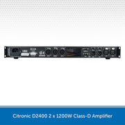 A Citronic D2400 2 x 1200W Class-D Amplifier shown from the rear, featuring various input and output jacks, on a white background with a gray patterned header and a blue text banner at the bottom.