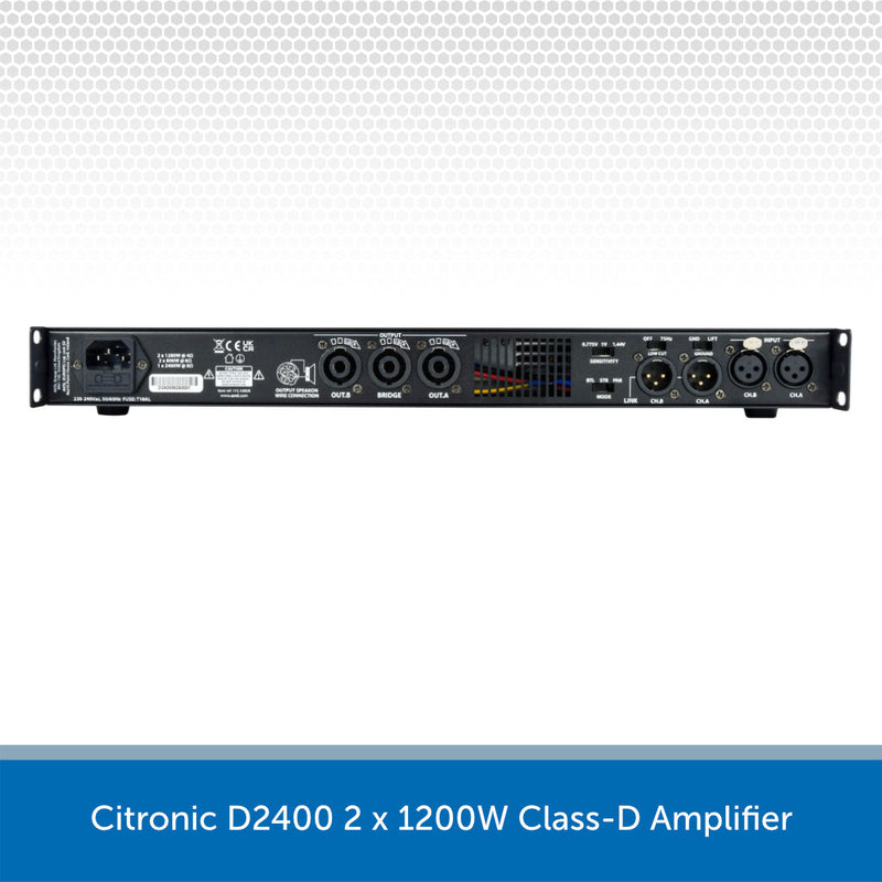 A Citronic D2400 2 x 1200W Class-D Amplifier shown from the rear, featuring various input and output jacks, on a white background with a gray patterned header and a blue text banner at the bottom.
