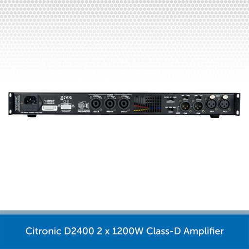 A Citronic D2400 2 x 1200W Class-D Amplifier shown from the rear, featuring various input and output jacks, on a white background with a gray patterned header and a blue text banner at the bottom.