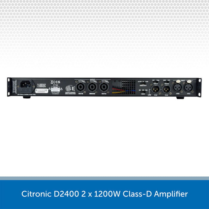 A Citronic D2400 2 x 1200W Class-D Amplifier shown from the rear, featuring various input and output jacks, on a white background with a gray patterned header and a blue text banner at the bottom.