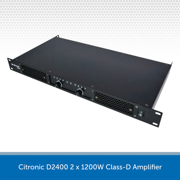 A Citronic D1800 2 x 900W Class-D Amplifier in a black metal rack case, shown at an angle on a white background with a gray patterned header and a blue text banner at the bottom.