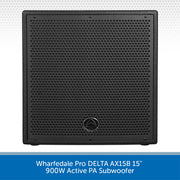 Black active PA subwoofer with Wharfedale Pro branding on a white background