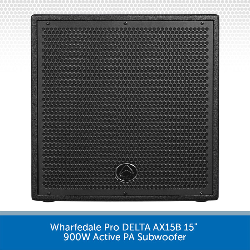 Black active PA subwoofer with Wharfedale Pro branding on a white background