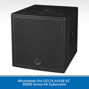 Black active PA subwoofer with Wharfedale Pro logo on a gray background