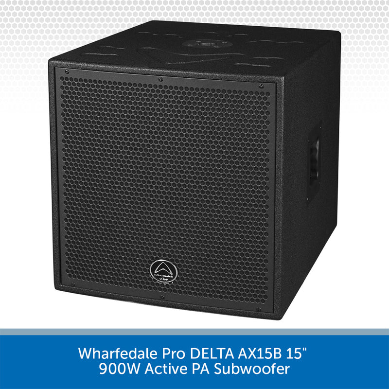 Black active PA subwoofer with Wharfedale Pro logo on a gray background