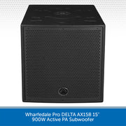 Black active PA subwoofer with Wharfedale Pro logo on a gray background