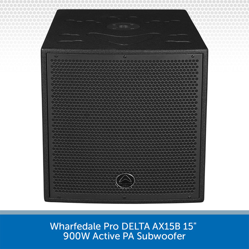 Black active PA subwoofer with Wharfedale Pro logo on a gray background