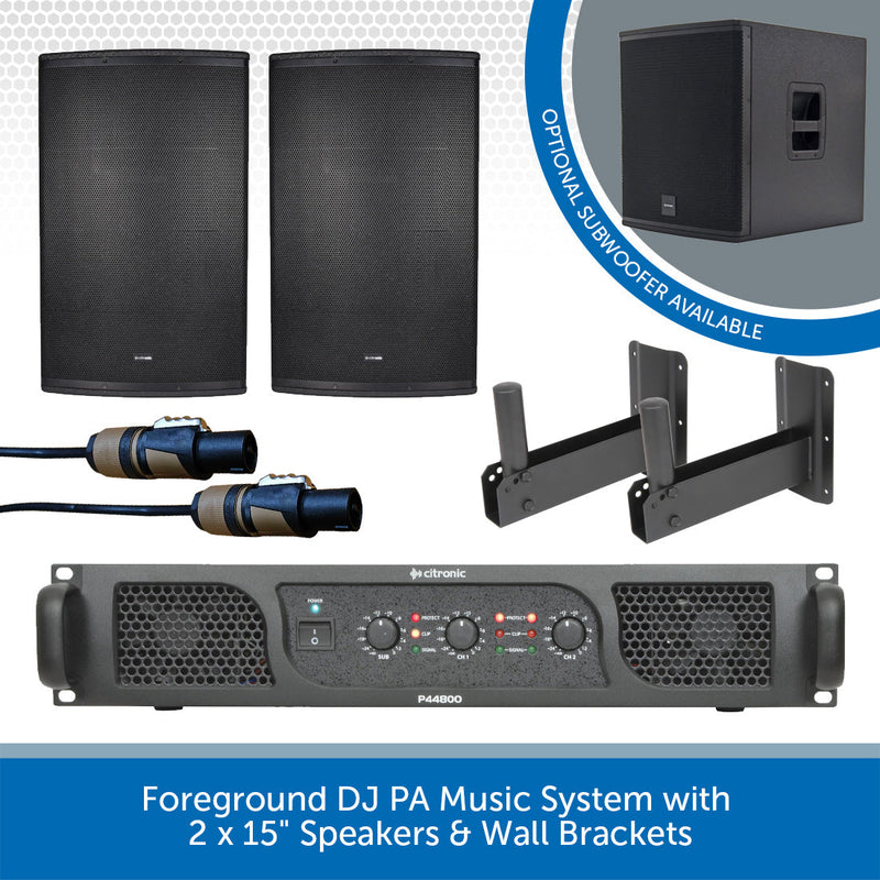 Foreground DJ PA Music System with 2 x 15" Speakers & Wall Brackets