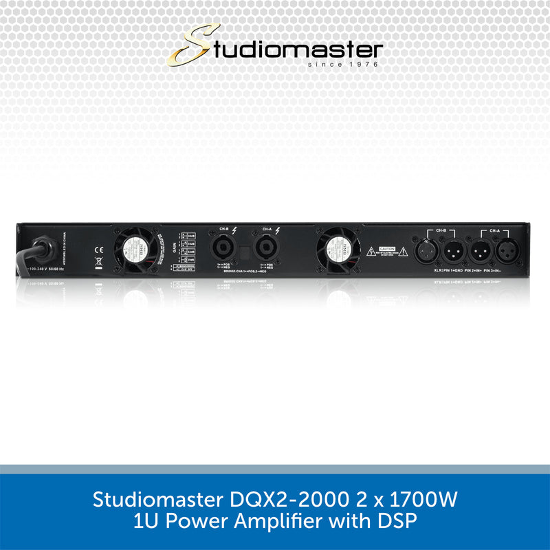 Studiomaster DQX2-2000 power amplifier on a white background with Studiomaster logo.