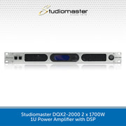 Studiomaster DQX2-2000 power amplifier with DSP on a white background