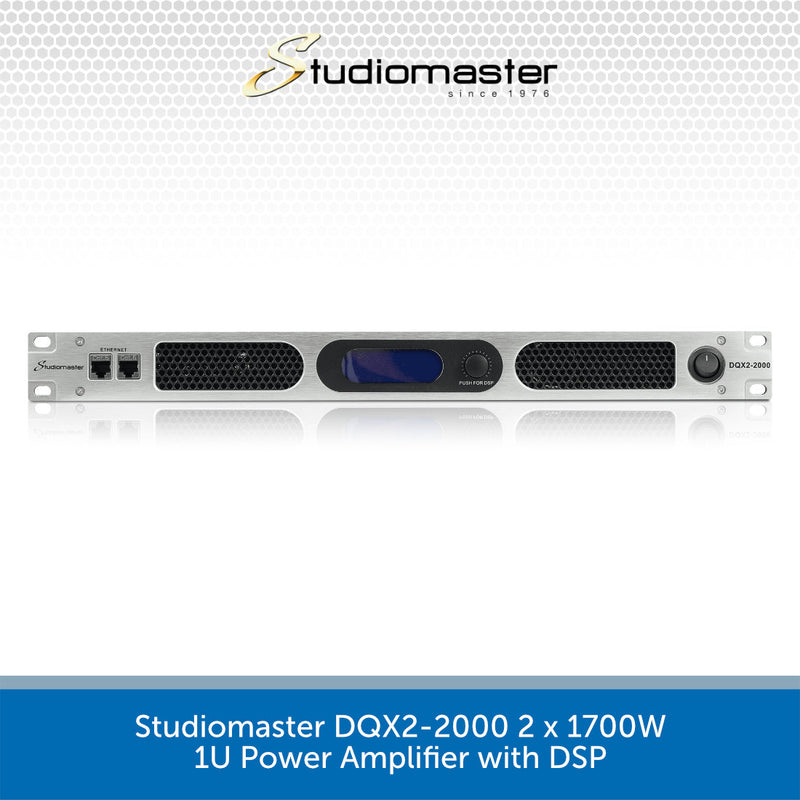 Studiomaster DQX2-2000 power amplifier with DSP on a white background