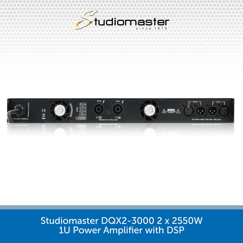 Studiomaster DQX2-3000 power amplifier on a white background with Studiomaster logo.