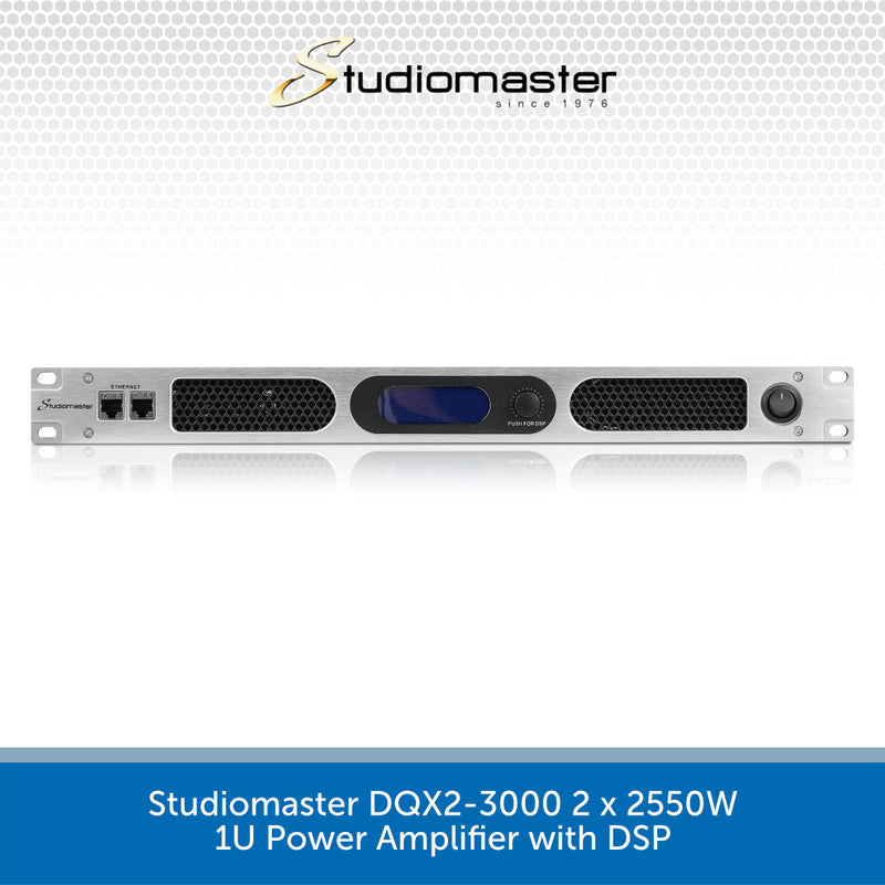 Studiomaster DQX2-3000 power amplifier with DSP on a white background