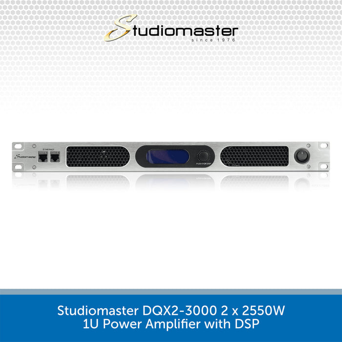 Studiomaster DQX2-3000 power amplifier with DSP on a white background