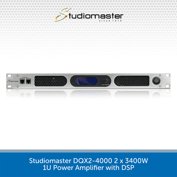 Studiomaster DQX2-4000 power amplifier with DSP on a white background