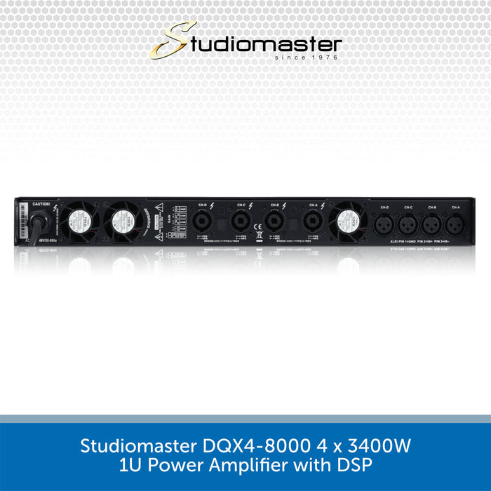 Studiomaster DQX4-8000 power amplifier on a white background with 'Studiomaster' branding.