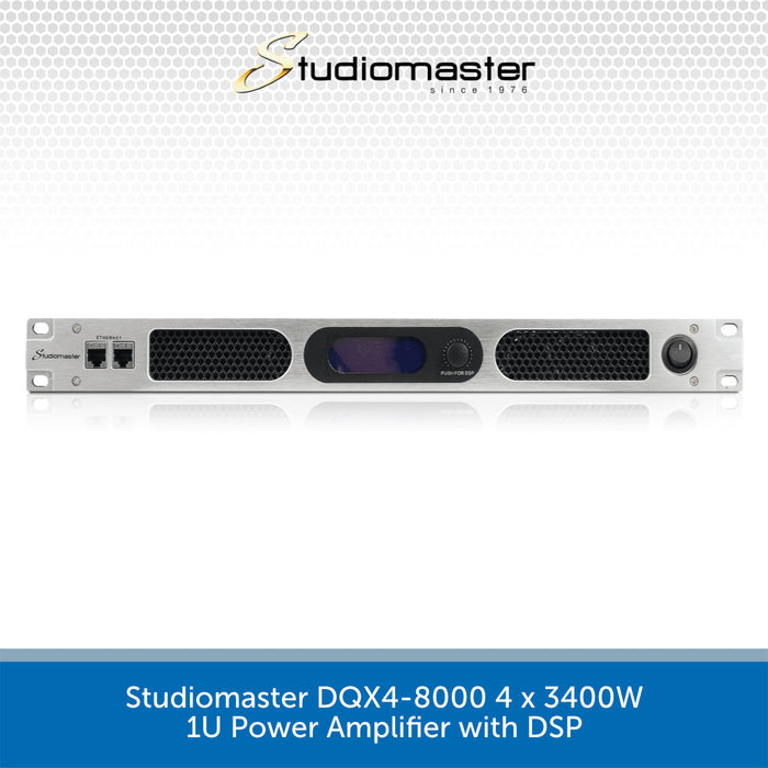 Studiomaster DQX4-8000 power amplifier with DSP on a white background