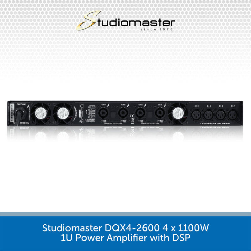 Studiomaster DQX4-2600 power amplifier on a white background with Studiomaster logo.